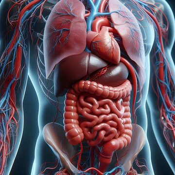 Biomedical illustration showing human internal organs with heart, liver, lungs and vascular system, Digitally generated image of inner human organs, human body anatomy, vector medical organs system.