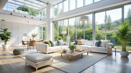 Fototapeta premium Bright and airy white interior of a modern house features a stylish minimalist decor, sleek furniture, and large windows letting in plenty of natural light.