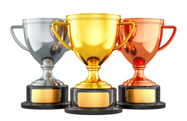 Golden, silver and bronze trophy cups, 3D rendering isolated on transparent background