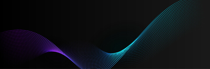 Flowing dot particles light wave pattern halftone.  purple green colors isolated on black background. Futuristic technology concept. Suit for poster, banner, cover, website, flyer. Vector illustration