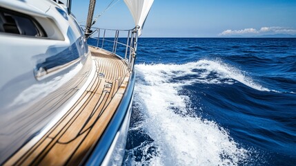 A close-up of a sailing yacht cutting through the waves on a sunny day, showcasing leisure and travel.