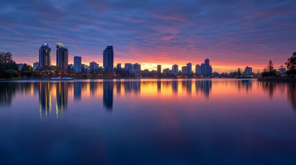 Naklejka premium A serene sunset reflecting on a calm lake, surrounded by modern skyscrapers and vibrant colors in the sky.