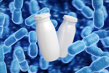 Probiotic yogurt bottles. Dairy products for immunity and microbiome. Probiotic concept. 3d-rendering