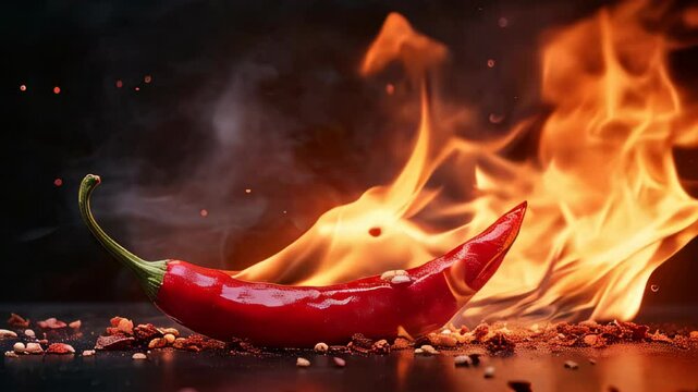 A dramatic close-up shot of a red chili pepper engulfed in flames against a dark background.