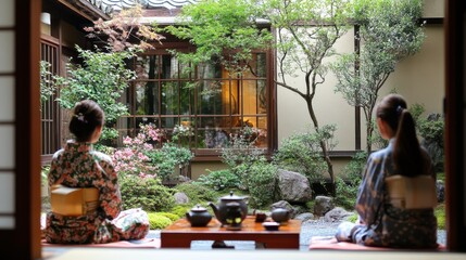 Two holidayers dressed in traditional attire savoring tea while admiring the peaceful garden surroundings