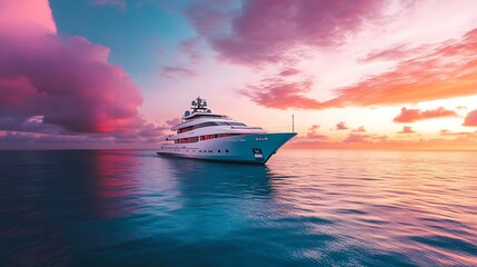 Obraz premium White Yacht Sailing on Calm Ocean at Sunset