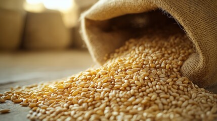 Wheat grains pour from a burlap sack, creating a warm golden spread against a soft, rustic background. The natural light enhances the textures and colors of the grains.