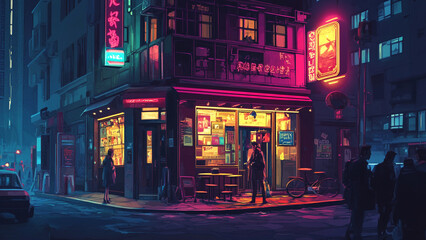 Naklejka premium Sparkling Neon Lights on a Bustling Street Corner