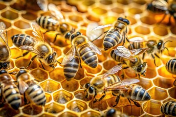 Busy bees thrive in intricate honeycomb cells, collecting nectar and producing golden honey, showcasing the wonders of beekeeping and honey production in a single frame.