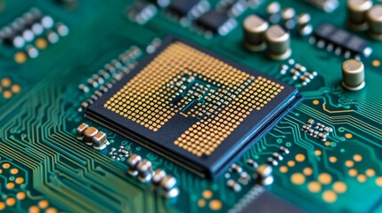Precision in Miniature: A Close-Up Shot of a Chip on a Green Circuit Board with Intricate Detail
