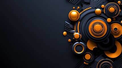 Abstract design featuring a blend of circular shapes and bold orange tones against a dark background, perfect for modern art.