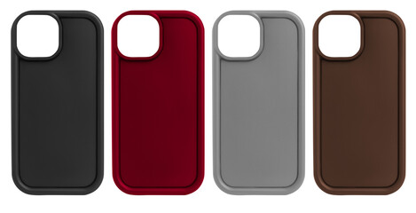 Set of phone cases of different colors on a blank background.