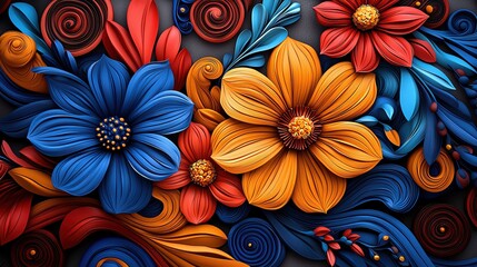 Fototapeta premium Vibrant floral composition featuring colorful flowers and leaves, designed with intricate details and a lively aesthetic.