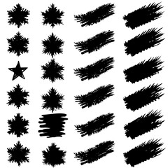 Black brush strokes and snowflakes on a white background