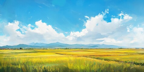 Naklejka premium Minimalist Style Painting of Vast Rice Fields on China's Plains with Clear Blue Sky and White Clouds