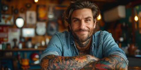 Obraz premium Smiling Man with Tattoos in a Bar Setting