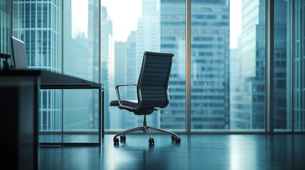 A modern office space with a sleek chair and a panoramic city view through large windows.