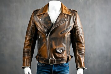 A mannequin dressed in a brown leather jacket, perfect for fashion photography or design concepts