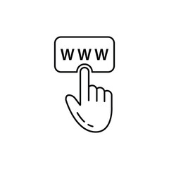 visit to website like thin line hand with www button. concept of easy search link in net and webpage navigation. flat linear modern simple logotype graphic