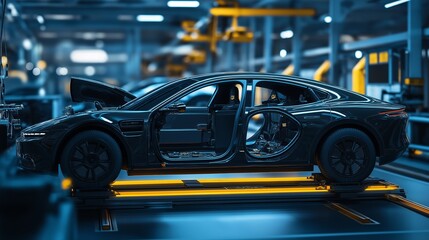 An advanced automotive model stands prominently in a contemporary manufacturing facility. The innovative design showcases its interior features, highlighting state-of-the-art technology.