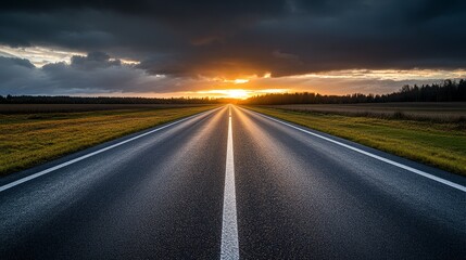 Fototapeta premium A serene road stretching into the horizon, illuminated by a sunset, surrounded by fields and dramatic clouds.