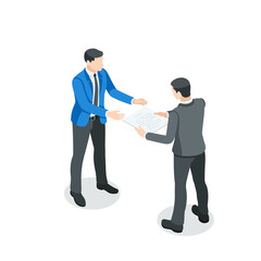 isometric vector business men hand over a document for signature, in color on a white background, secretary and paperwork