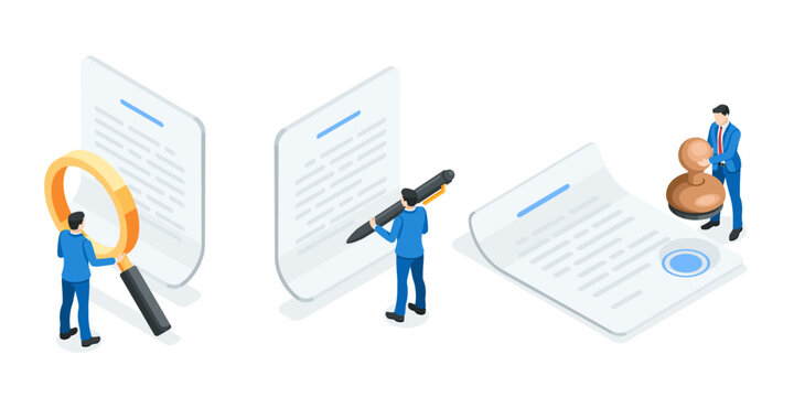 isometric vector business people with pen and signet stand near a paper document, in color on a white background, sign a document or contract