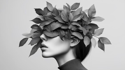 Surreal Black and White Portrait of a Woman with Leaf-Covered Head for Dreamlike Photography and Conceptual Art