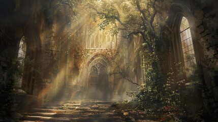 Naklejka premium Overgrown Gothic Church Ruins: A Mystical Journey Through Time