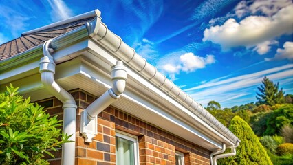 Clean and well-maintained white guttering system attached to a traditional UK residential property's roof, with lush greenery and bright blue sky in the background.