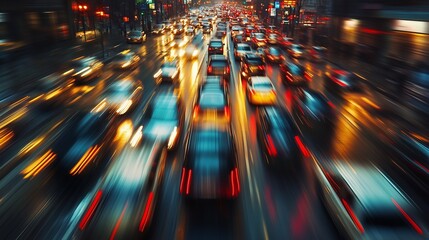 A bustling urban landscape filled with cars navigating through a rainy evening, headlights and taillights blending into vibrant streaks. The atmosphere reflects the essence of city life at dusk.