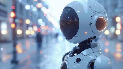 Fototapeta premium A futuristic robot stands against a blurred city background, showcasing advanced technology and sleek design.