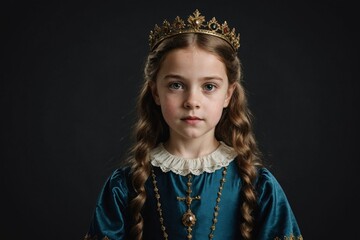 vintage portrait of young adorable girl in image of medieval royal person in renaissance style dress isolated on dark background