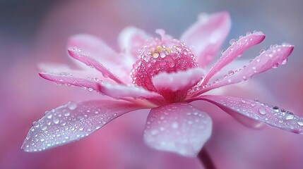   Pink flower in focus with water droplets on petals against a blue sky backdrop