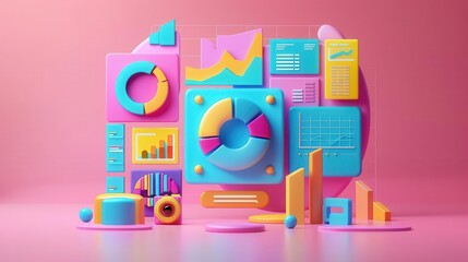 Fototapeta premium Colorful 3D data visualization elements on a pink background, perfect for presentations and analytics.
