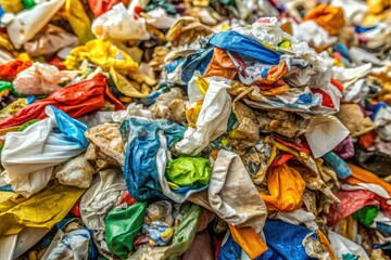 Close-up of a messy household garbage heap with discarded wrappers, torn papers, and crumpled plastics revealing a mix of smooth, rough, and crinkled textures.