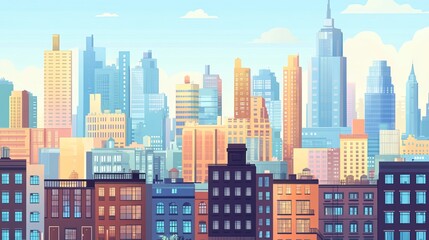 Obraz premium Vector illustration of a street skyline, depicting an urban landscape in a flat style during the daytime.