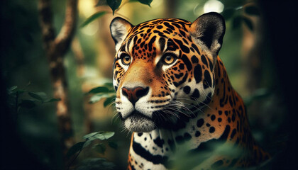 Fototapeta premium Close-up of an illustration of a Jaguar in the forest. Generative AI.