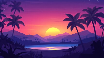 Fototapeta premium Flat cartoon-style panoramic landscape featuring a sunset with palm trees on a vibrant, colorful background. Vector illustration.