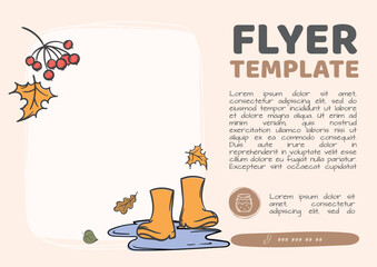 Simple vector template with place for photo for advertisement, flyer, announcement. Autumn frame with falling leaves, rain, boots and viburnum