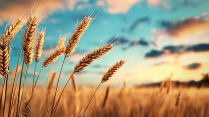 Fototapeta premium Golden wheat sways in the gentle breeze under a vibrant sunset sky, capturing the beauty of nature's harvest.