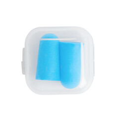 Blue earplugs with transparent box on blank background.