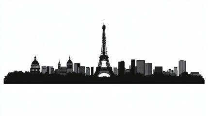 Obraz premium Black and white vector illustration of the Paris skyline, featuring a silhouette design with the Eiffel Tower prominently included.