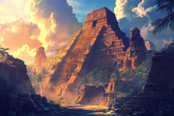 Ancient Mayan Pyramid in a Lush Jungle Setting at Sunset