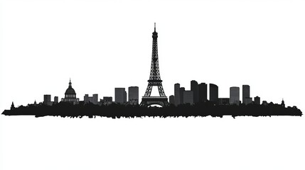 Black and white vector illustration of the Paris skyline, featuring a silhouette design with the Eiffel Tower prominently included.