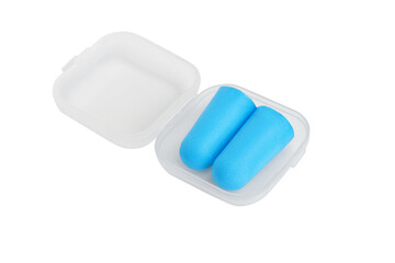 Blue earplugs with transparent box on blank background.