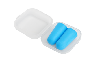 Blue earplugs with transparent box on blank background.