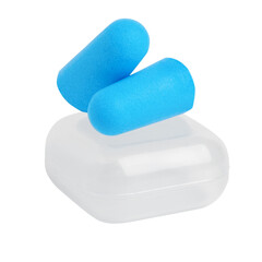 Blue earplugs with transparent box on blank background.