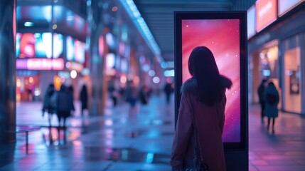 A woman stands in a vibrant city alley, illuminated by colorful lights, capturing urban nightlife and modern culture.