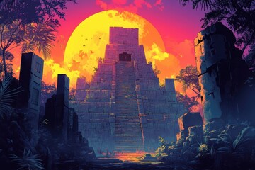 Ancient Mayan Pyramid Under a Crimson Sunset